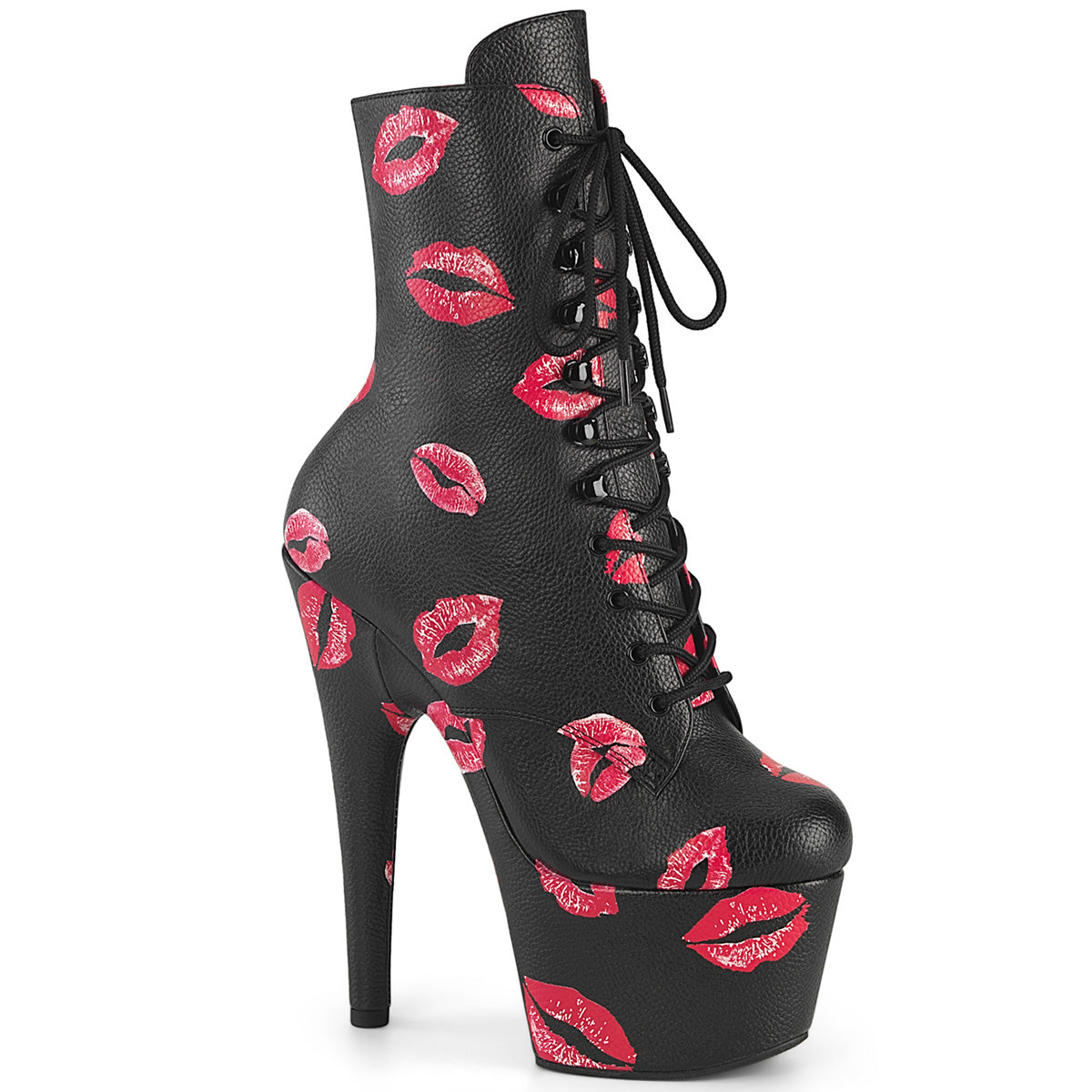 7" Heel, 2 3/4" PF Lace-Up Lips Print Ankle Boot, Side Zip (Pleaser ADO1020KISS/BPPU/M)