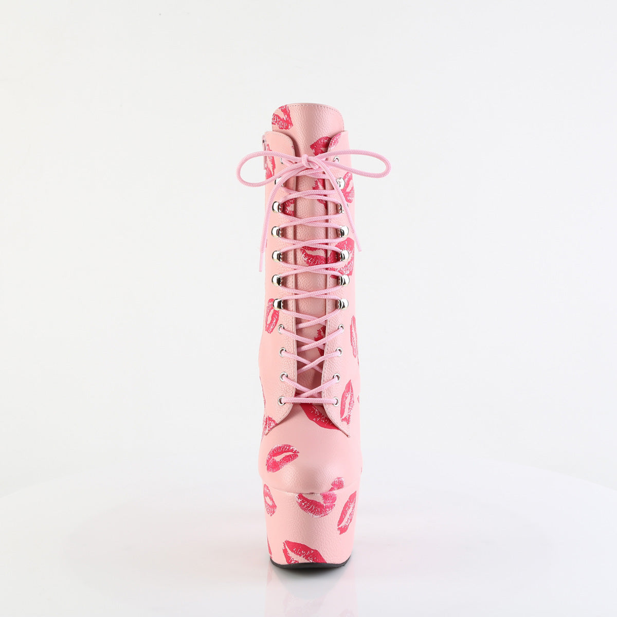 7" Heel, 2 3/4" PF Lace-Up Lips Print Ankle Boot, Side Zip (Pleaser ADO1020KISS/BPPU/M)