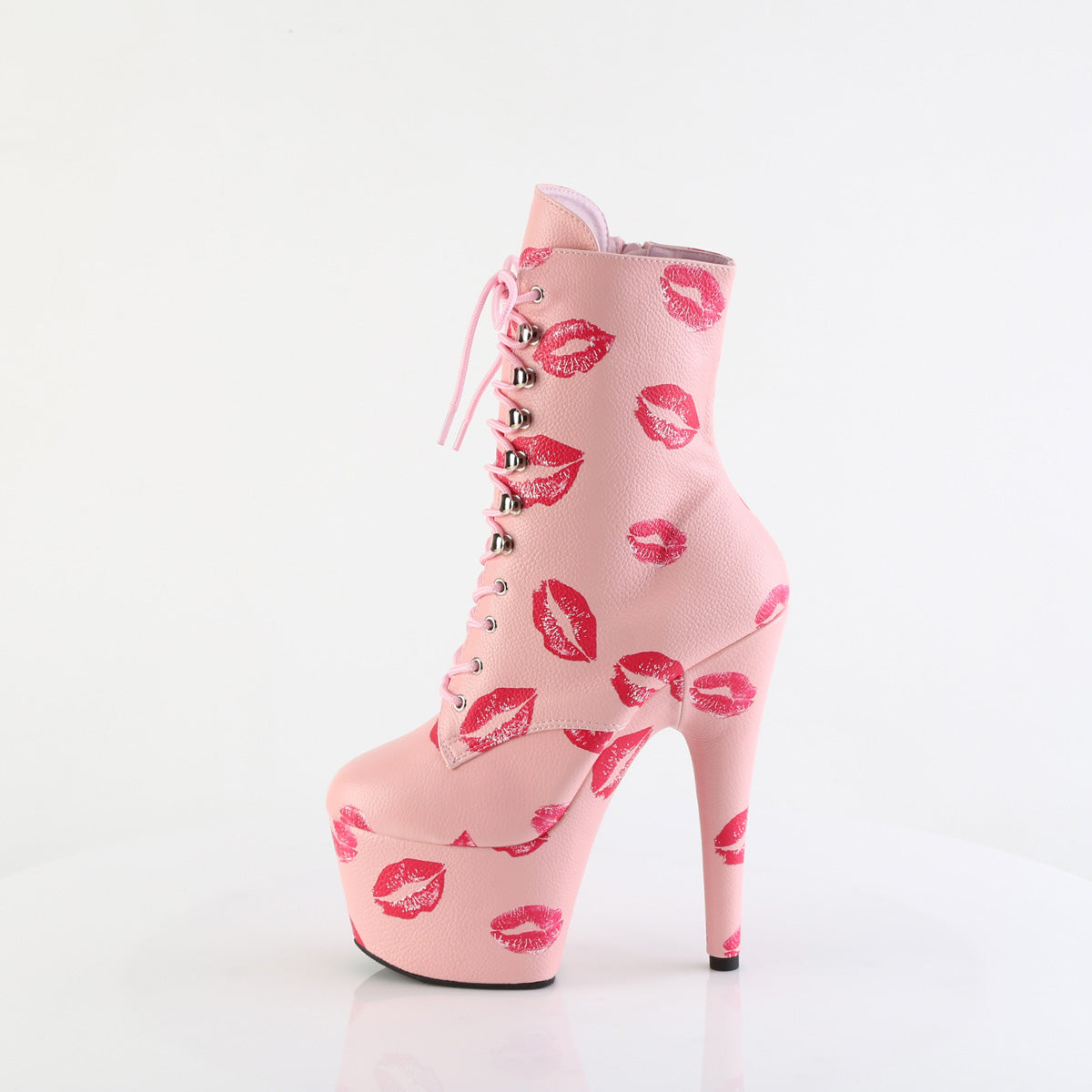 7" Heel, 2 3/4" PF Lace-Up Lips Print Ankle Boot, Side Zip (Pleaser ADO1020KISS/BPPU/M)
