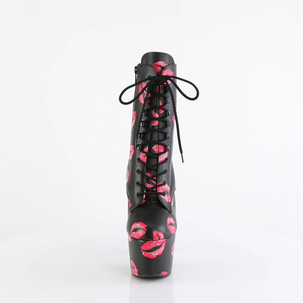 7" Heel, 2 3/4" PF Lace-Up Lips Print Ankle Boot, Side Zip (Pleaser ADO1020KISS/BPPU/M)