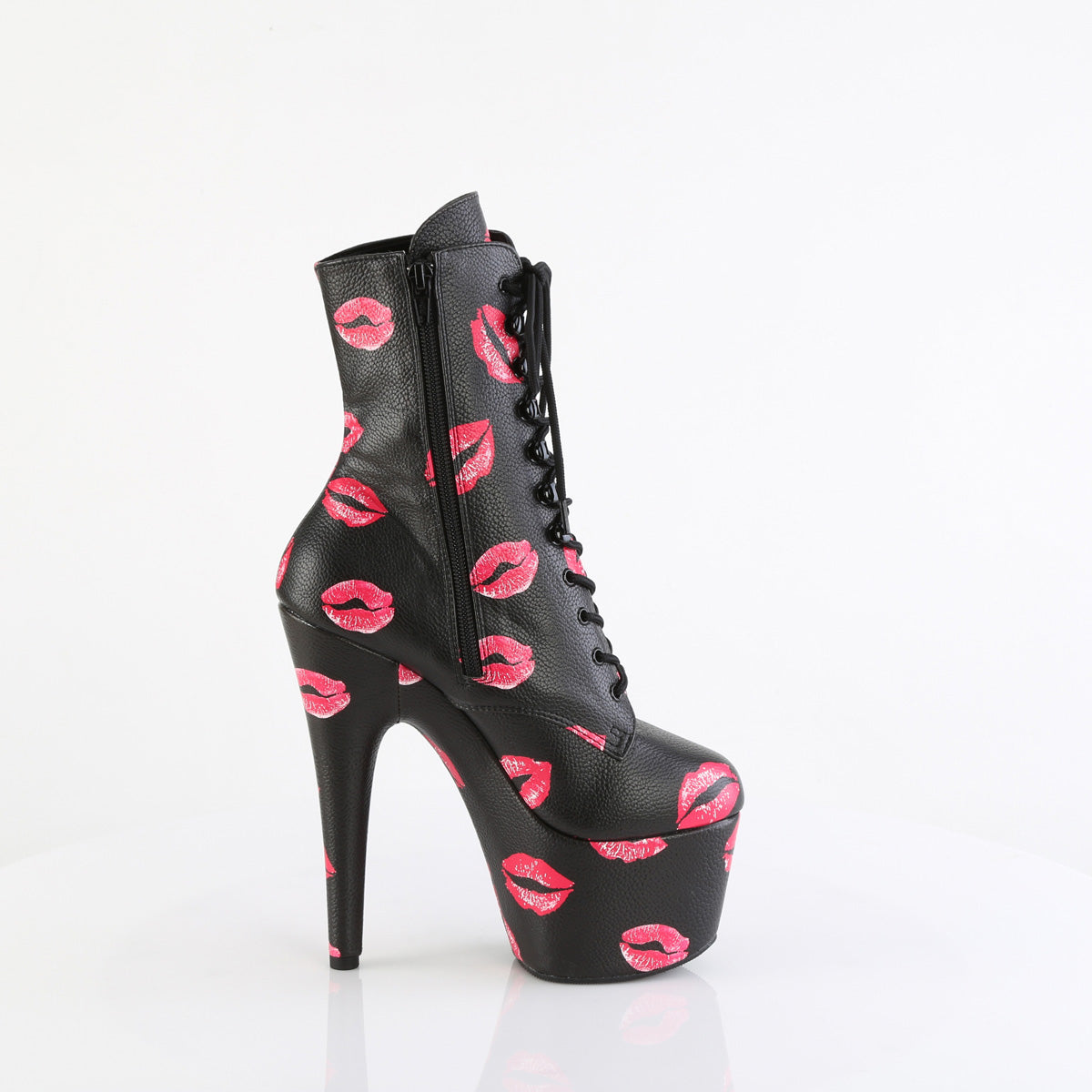 7" Heel, 2 3/4" PF Lace-Up Lips Print Ankle Boot, Side Zip (Pleaser ADO1020KISS/BPPU/M)