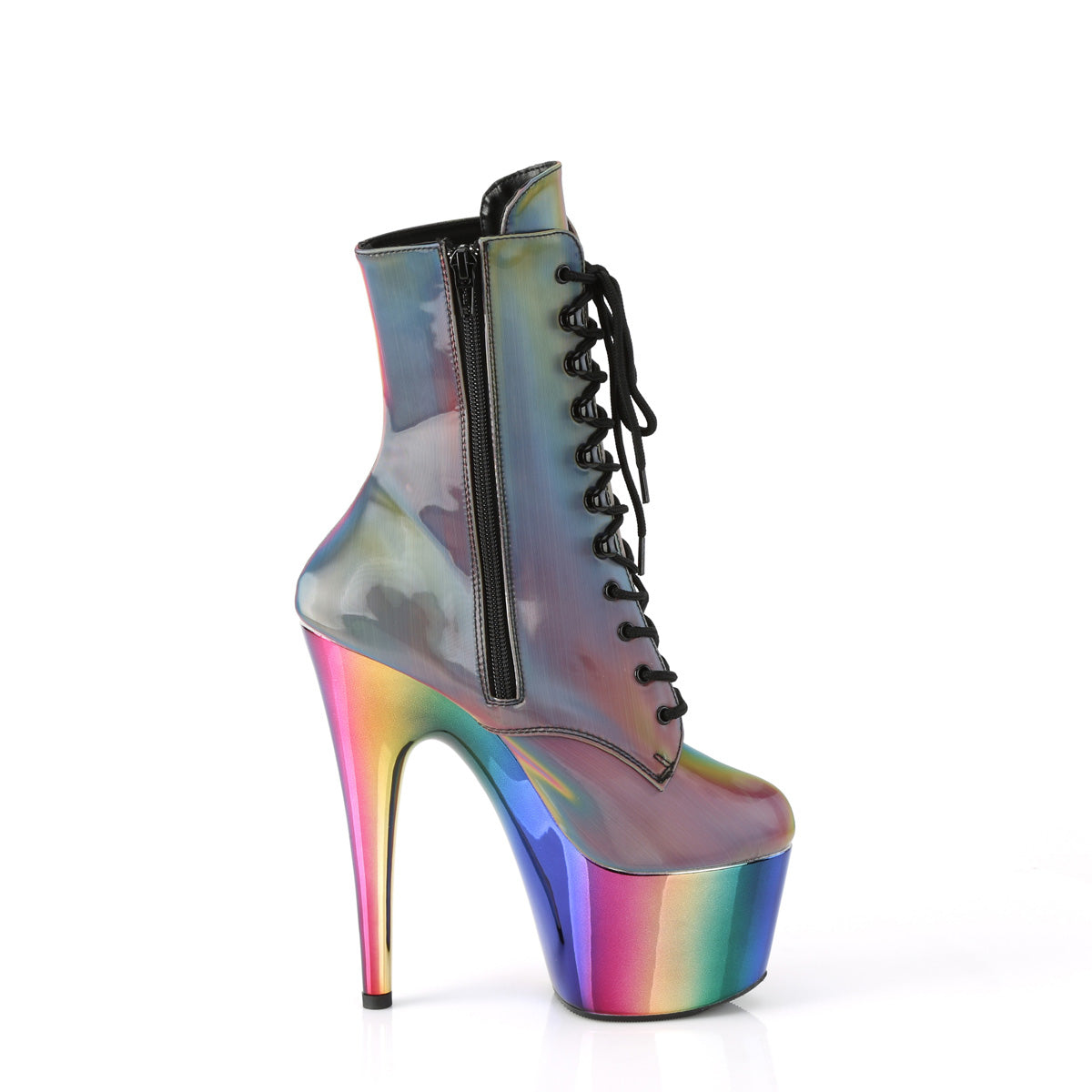 *7" Heel, 2 3/4" Chromed PF Lace-Up Ankle Boot, Side Zip (Pleaser ADO1020RC-REFL/RB/CH)