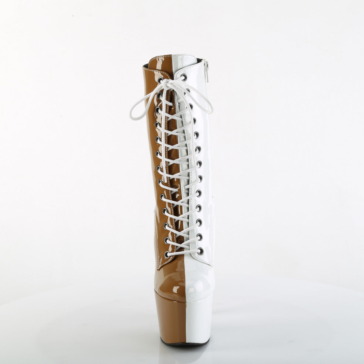7" Heel, 2 3/4" PF Two Tone Lace-Up Ankle Boot, Side Zip (Pleaser ADO1040TT/B-W/M)