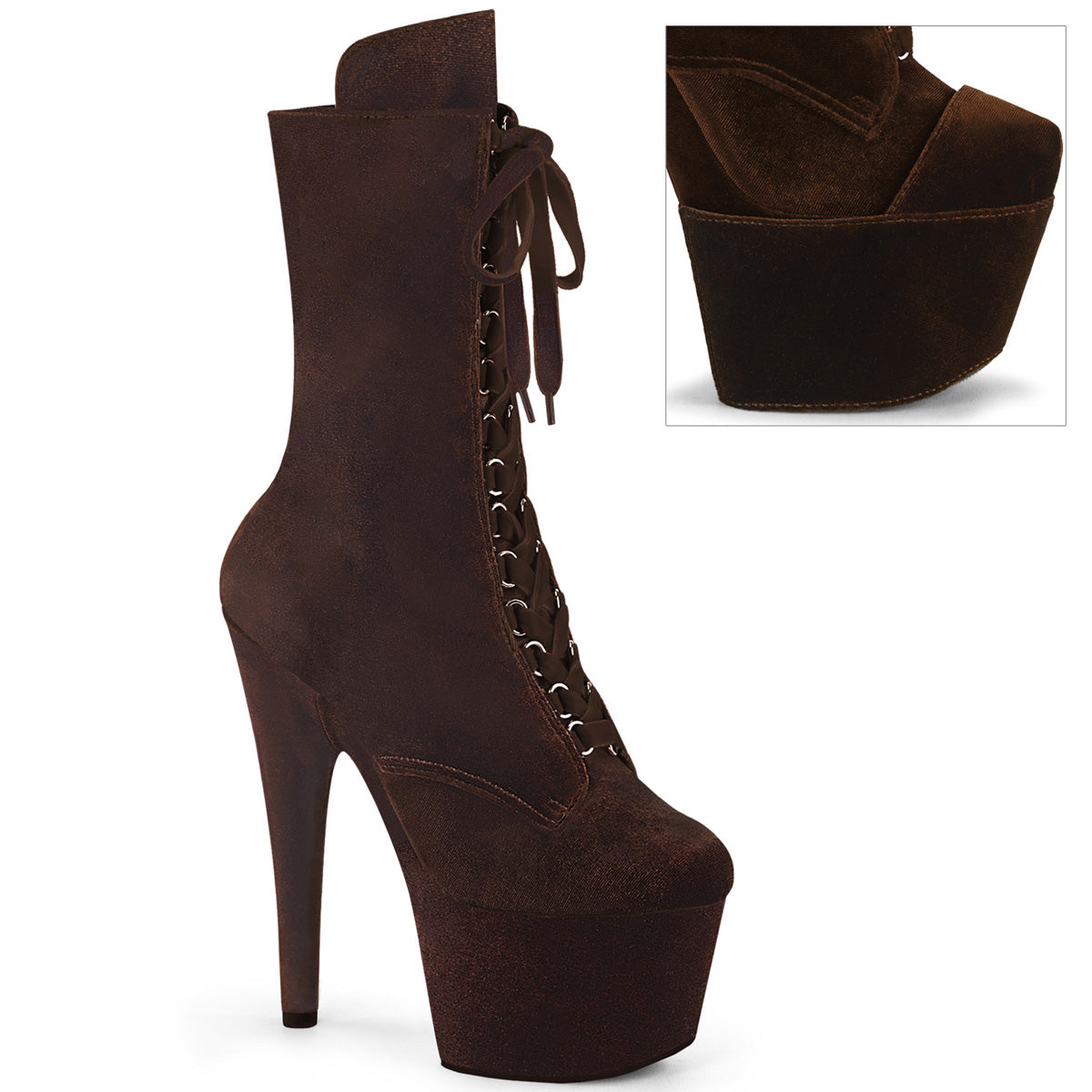 7" Heel, 2 3/4" PF Velvet Lace-Up Front Ankle Boot (Pleaser ADO1045VEL/B/M)