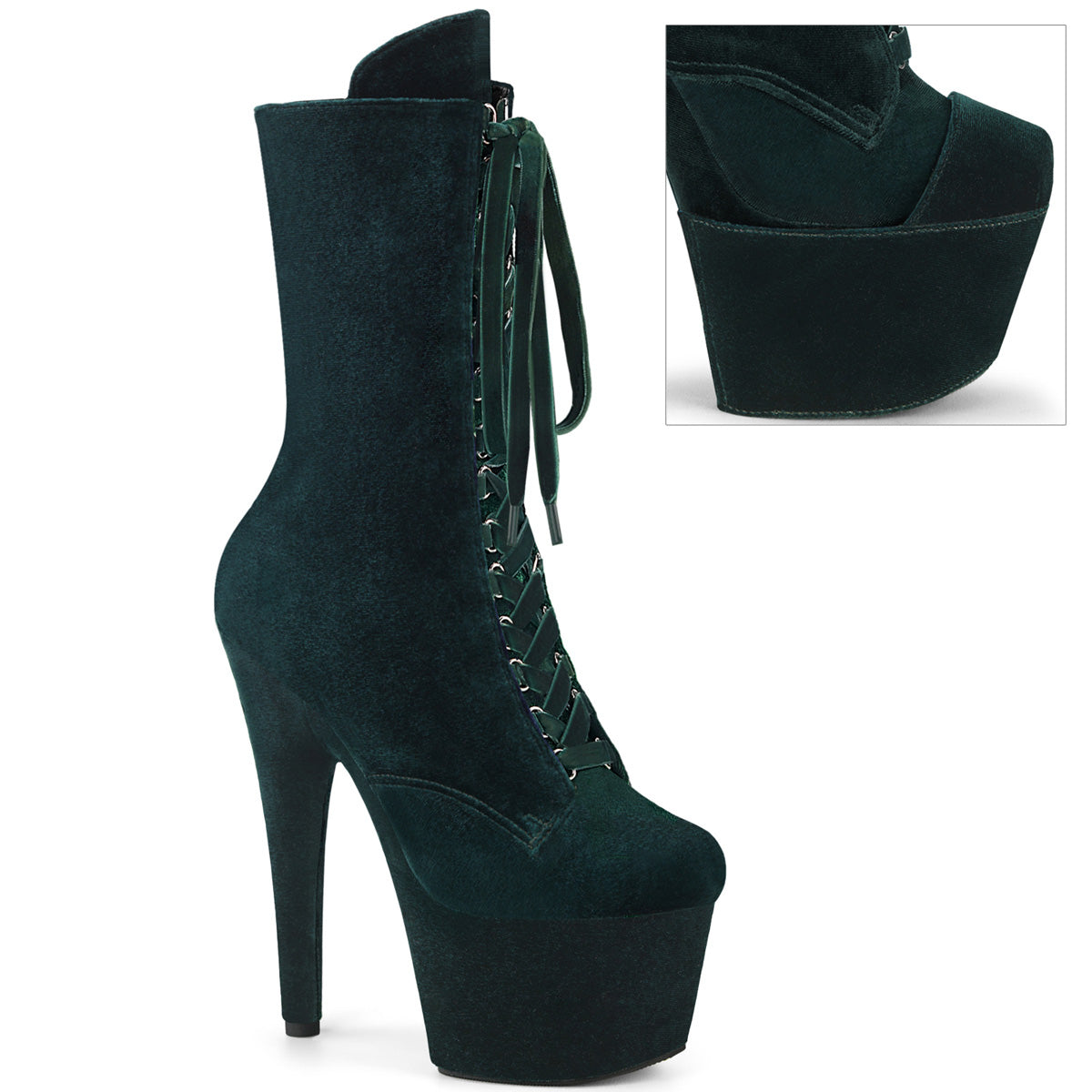 7" Heel, 2 3/4" PF Velvet Lace-Up Front Ankle Boot (Pleaser ADO1045VEL/B/M)