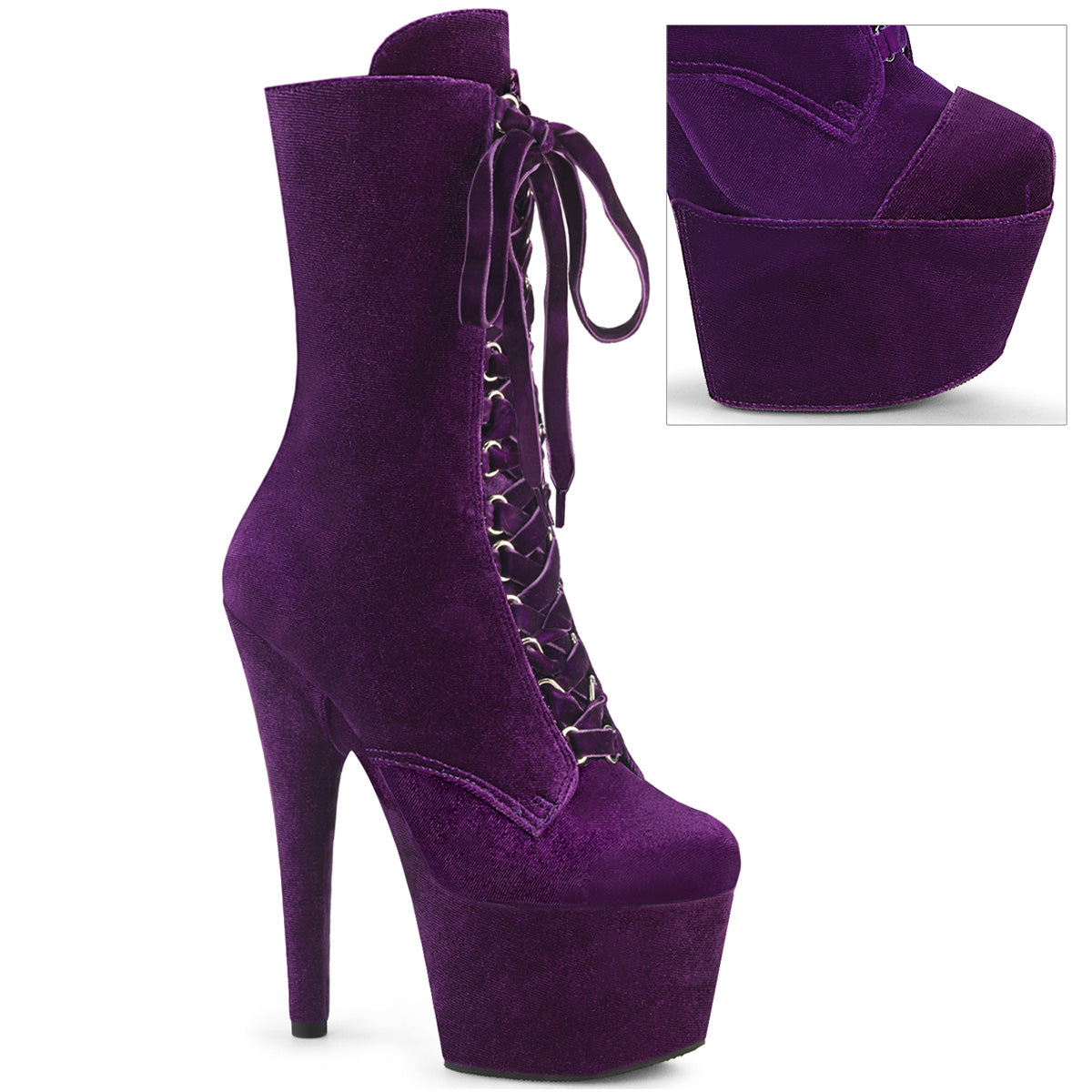 7" Heel, 2 3/4" PF Velvet Lace-Up Front Ankle Boot (Pleaser ADO1045VEL/B/M)