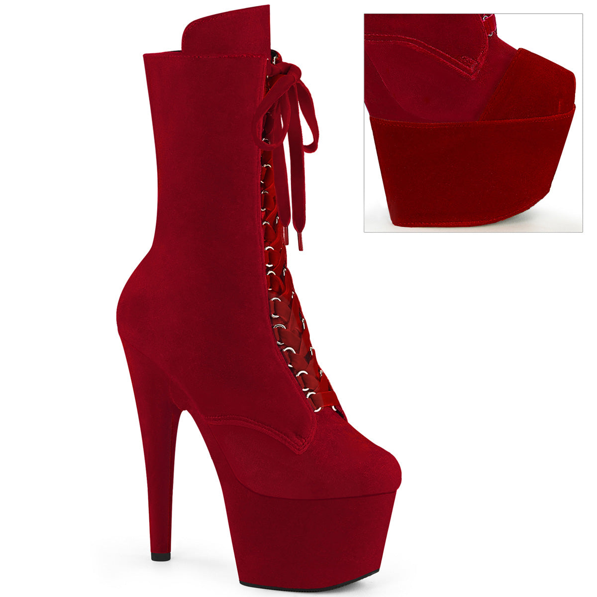 7" Heel, 2 3/4" PF Velvet Lace-Up Front Ankle Boot (Pleaser ADO1045VEL/B/M)