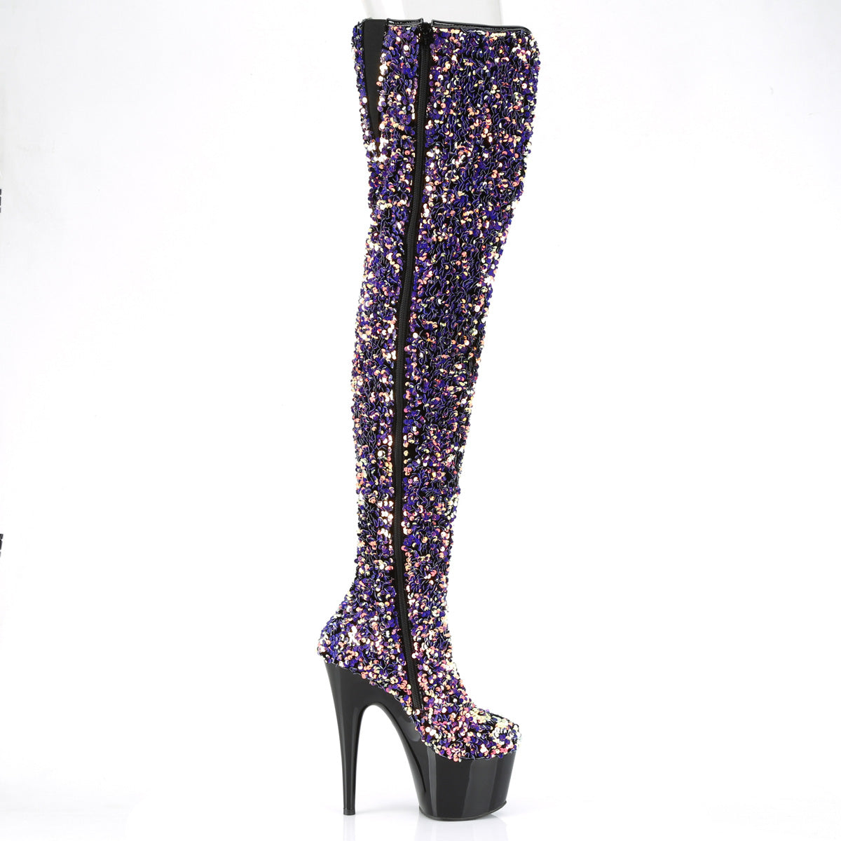 *7" Heel, 2 3/4" PF Sequin Thigh High Boot, Inside Zip (Pleaser ADO3020/BSQ/M)