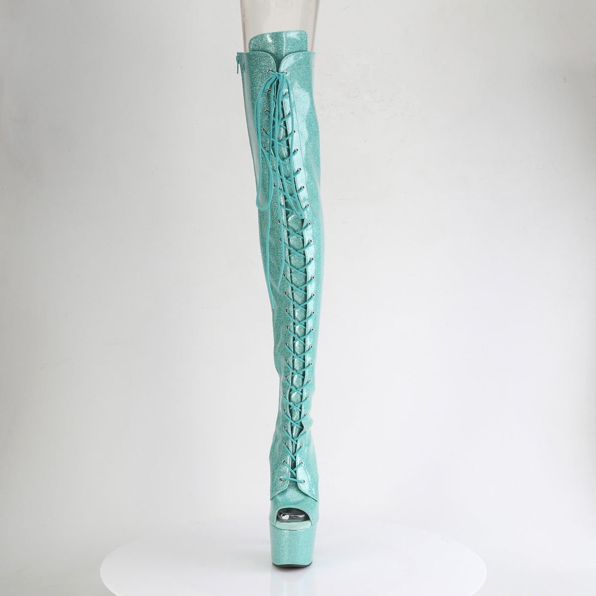 *7" Heel, 2 3/4" PF Peep Toe Lace-Up Thigh Boot, Side Zip (Pleaser ADO3021GP/AQG/M)