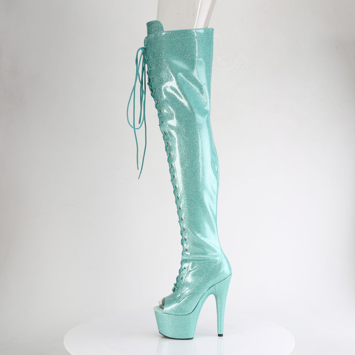 *7" Heel, 2 3/4" PF Peep Toe Lace-Up Thigh Boot, Side Zip (Pleaser ADO3021GP/AQG/M)
