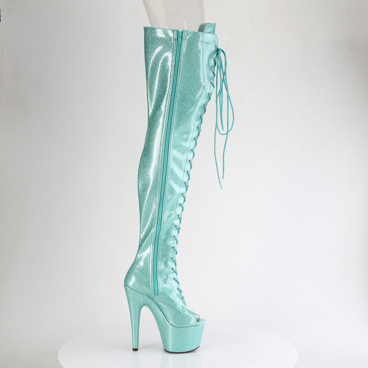 *7" Heel, 2 3/4" PF Peep Toe Lace-Up Thigh Boot, Side Zip (Pleaser ADO3021GP/AQG/M)