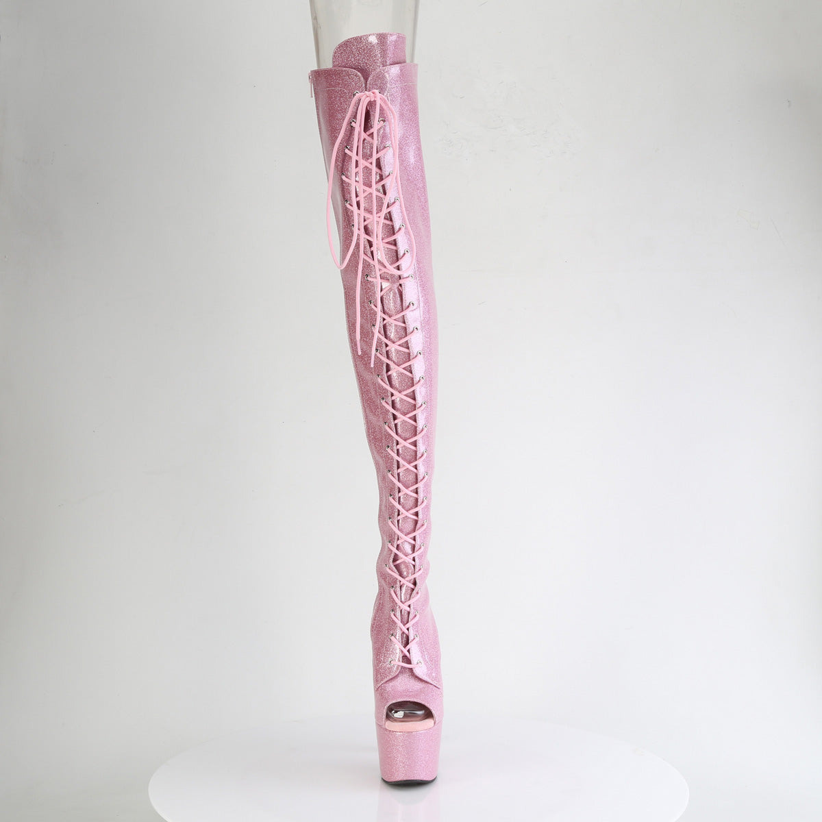 *7" Heel, 2 3/4" PF Peep Toe Lace-Up Thigh Boot, Side Zip (Pleaser ADO3021GP/AQG/M)