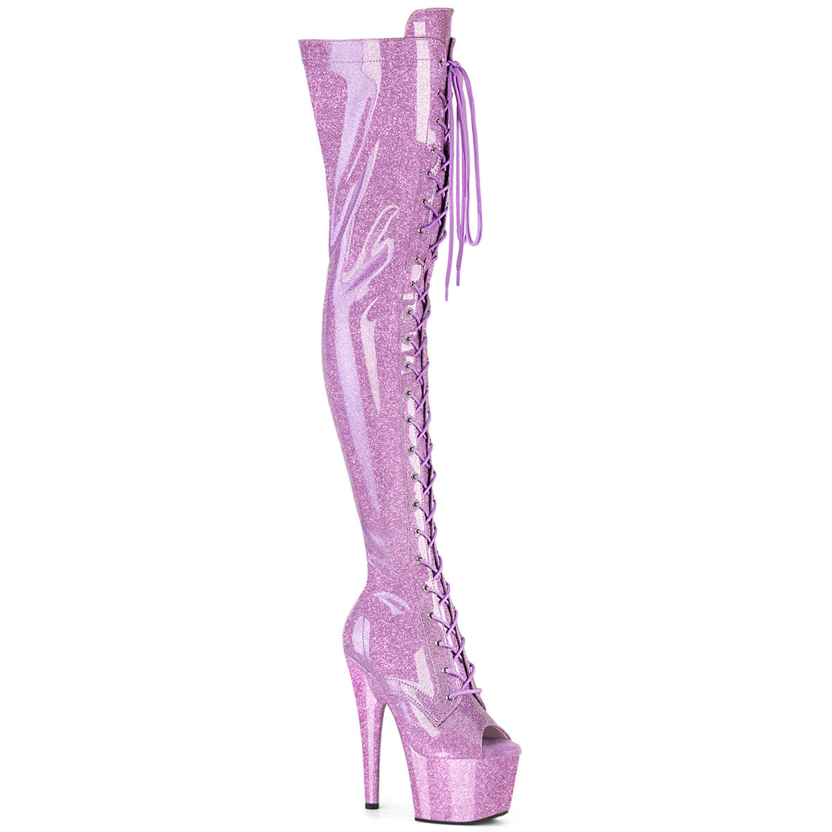 *7" Heel, 2 3/4" PF Peep Toe Lace-Up Thigh Boot, Side Zip (Pleaser ADO3021GP/AQG/M)