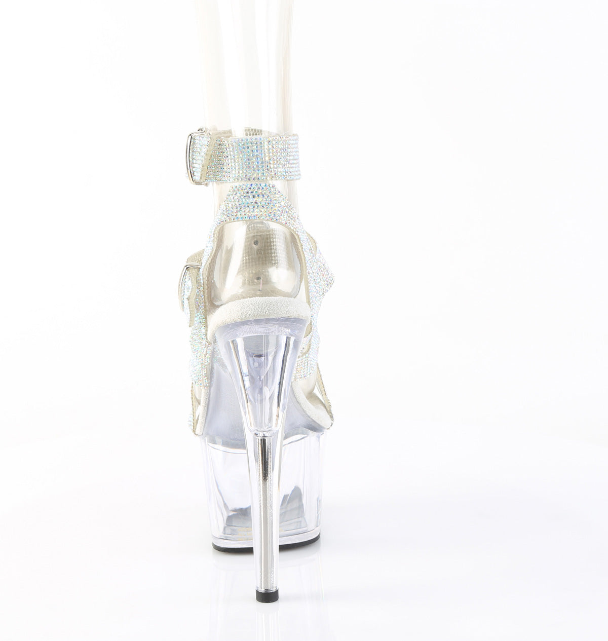 7" Heel, 2 3/4" PF Rhinestoned Dual Buckle T-Strap Sandal (Pleaser ADO756RS/SRS-TPU/C)