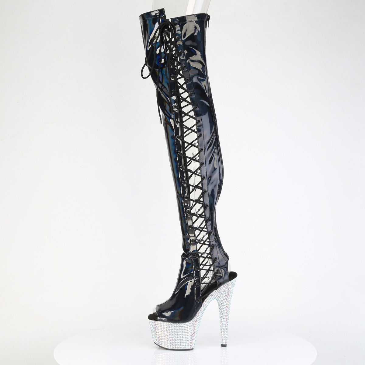 7" Heel, 2 3/4" PF Open Toe/Back Side Lace Thigh Boot w/RS (Pleaser BEJ3052HG-7/BHG/SRS)