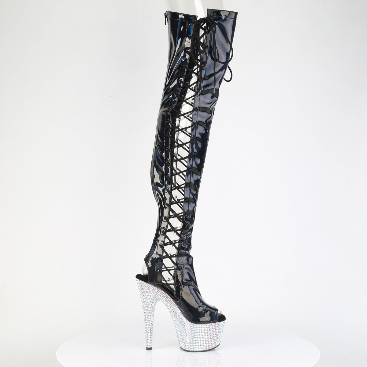 7" Heel, 2 3/4" PF Open Toe/Back Side Lace Thigh Boot w/RS (Pleaser BEJ3052HG-7/BHG/SRS)