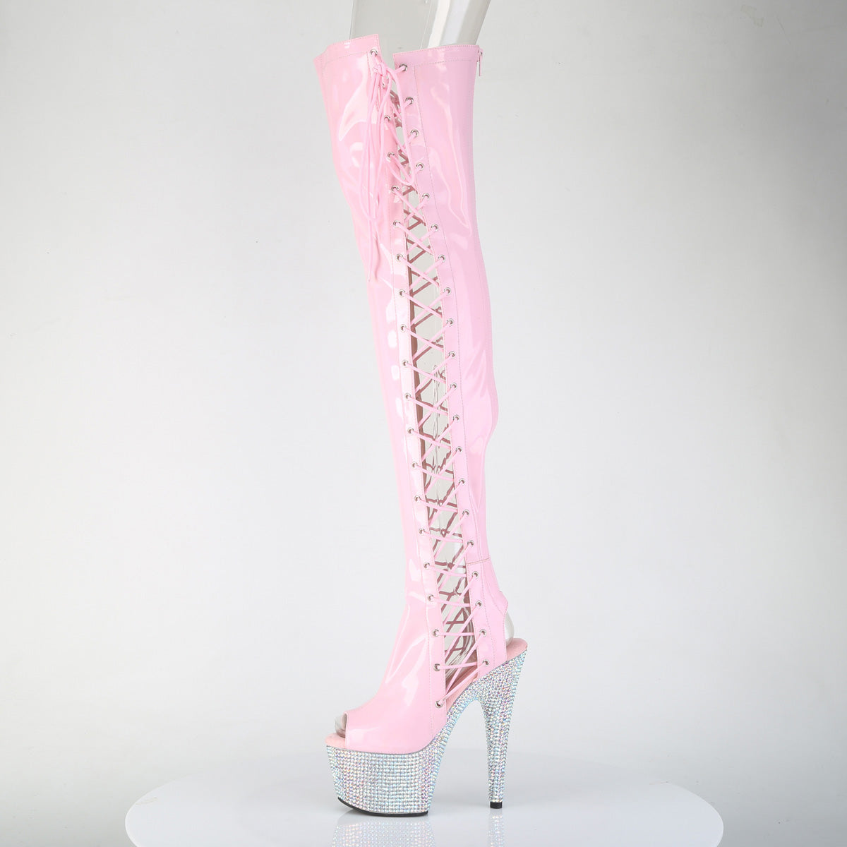 7" Heel, 2 3/4" PF Open Toe/Back Side Lace Thigh Boot w/RS (Pleaser BEJ3052HG-7/BHG/SRS)