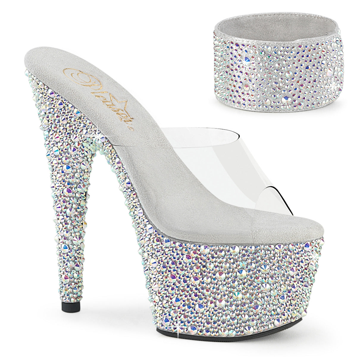 7" Heel, 2 3/4" PF RS Encrusted Slide w/Matching Cuff (Pleaser BEJ712MS/C/SRS)