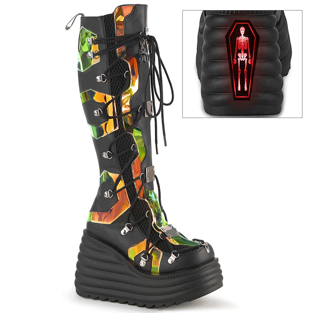 4 1/2" Platform Lace-Up Knee High Boot, Inside Zip (Demonia BLAZE152/BVL)