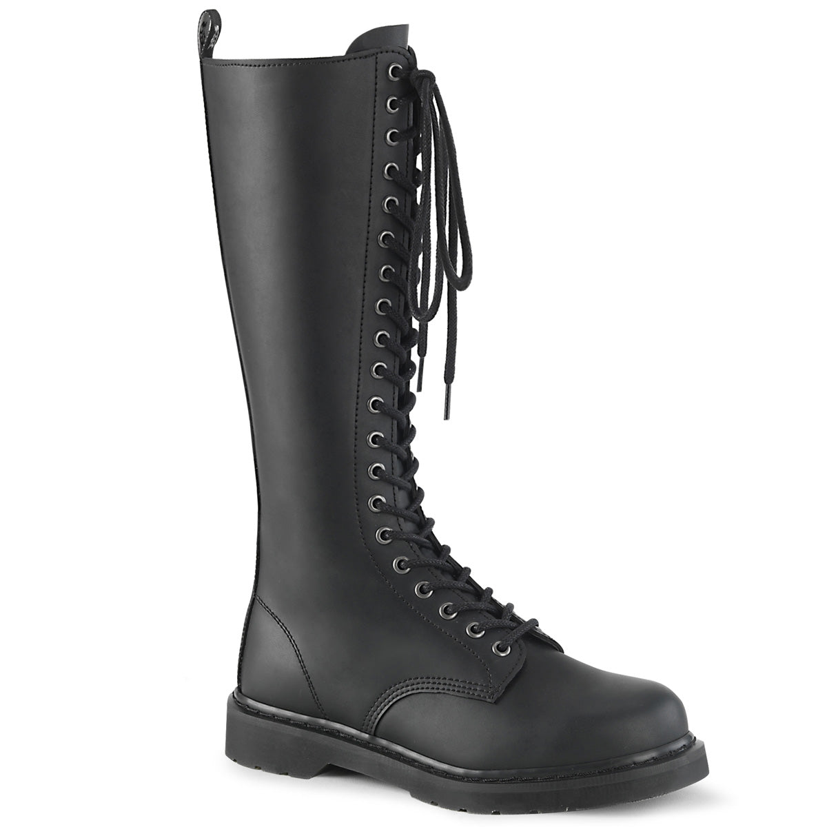 1 1/4" Heel 20-Eyelet Knee High Unisex Vegan Boot, Side Zip (Demonia BOLT400/BVL)