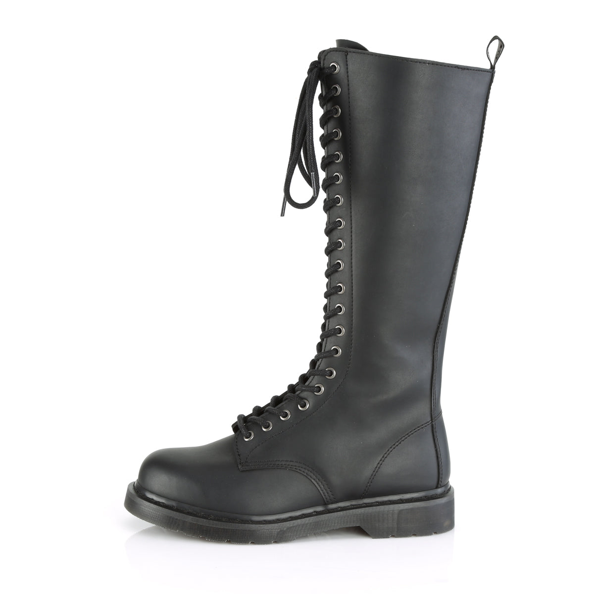 1 1/4" Heel 20-Eyelet Knee High Unisex Vegan Boot, Side Zip (Demonia BOLT400/BVL)