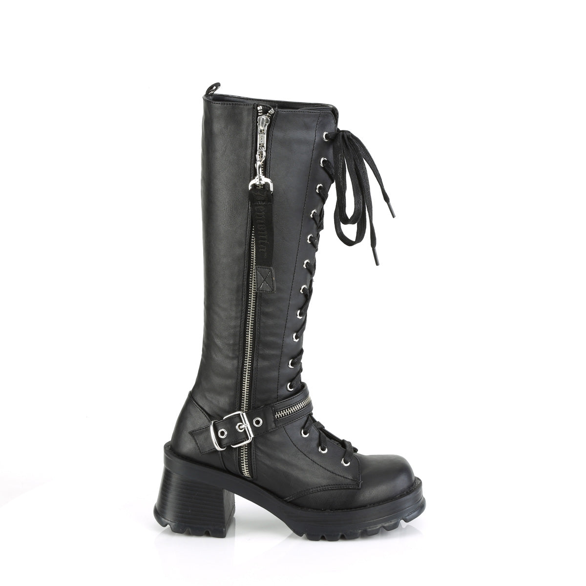 2 3/4" Heel, 1" Platform Lace-Up Knee High Boot, Outer Zip (Demonia BRATTY206/BVL)