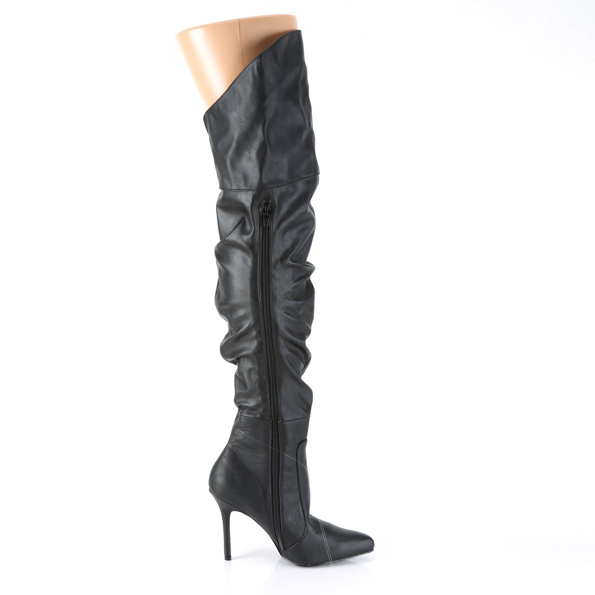 4" Heel Thigh High Pointed Boot w/PU Fur Lining, Side Zip (Pleaser CLAS3011/BPU)