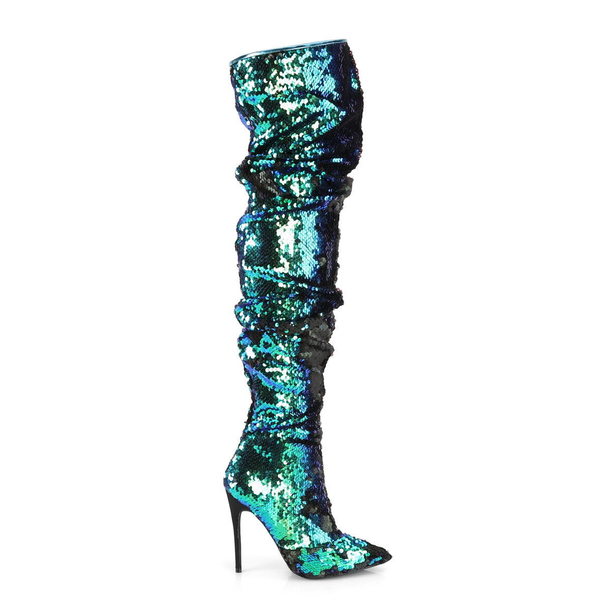 5" Ruched Sequined Thigh High Boot, 1/3 Side Zip (Pleaser COURTLY3011/BSQ)