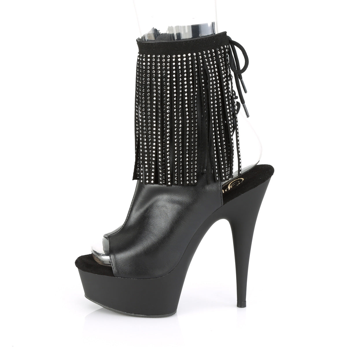 6" Heel, 1 3/4" PF Open Toe RS Fringe Ankle Boot, Side Zip (Pleaser DEL1018RSF/BPU/M)