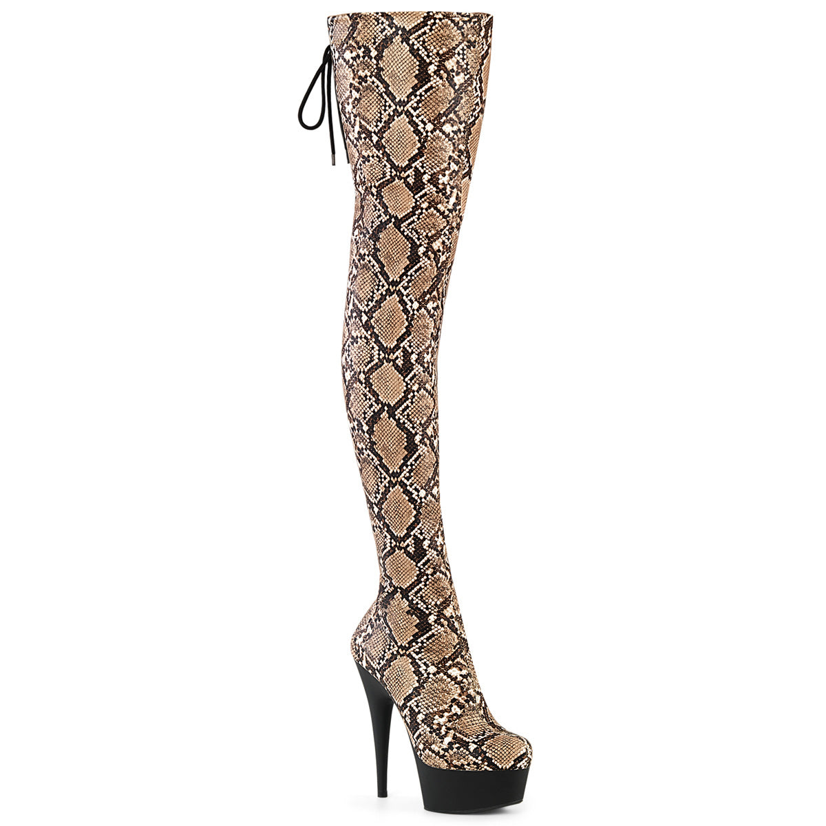*6" Heel, 1 3/4" PF Stretch Snake Print Pull-On Thigh Boot (Pleaser DEL3008SP-BT/GY-B/B)