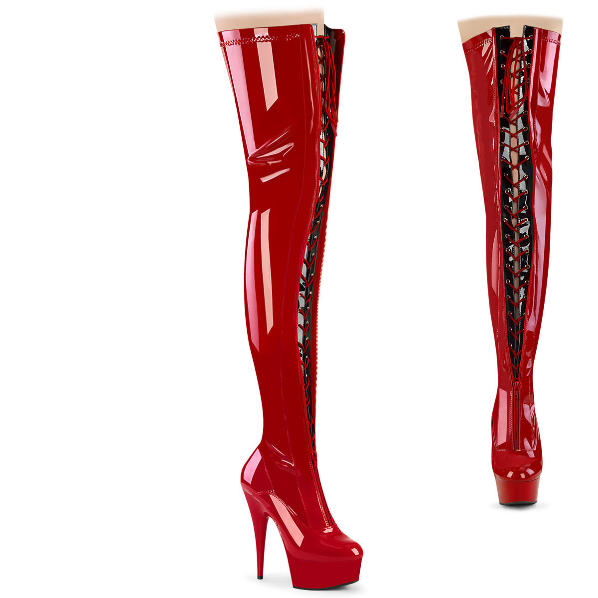 *6" Heel, 1 3/4" PF Two Tone Thigh High Boot, Front Zip (Pleaser DEL3027/B-R/B)
