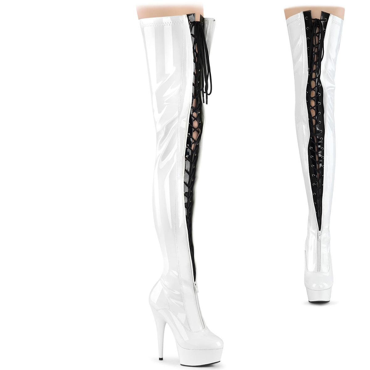 *6" Heel, 1 3/4" PF Two Tone Thigh High Boot, Front Zip (Pleaser DEL3027/B-R/B)
