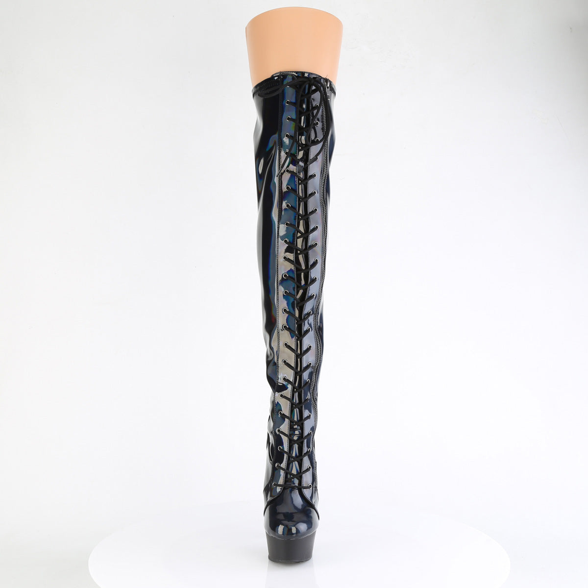 *6" Heel, 1 3/4" PF Stretch Lace-Up OTK Boot, Outer Zip (Pleaser DEL3029/BHG/B)