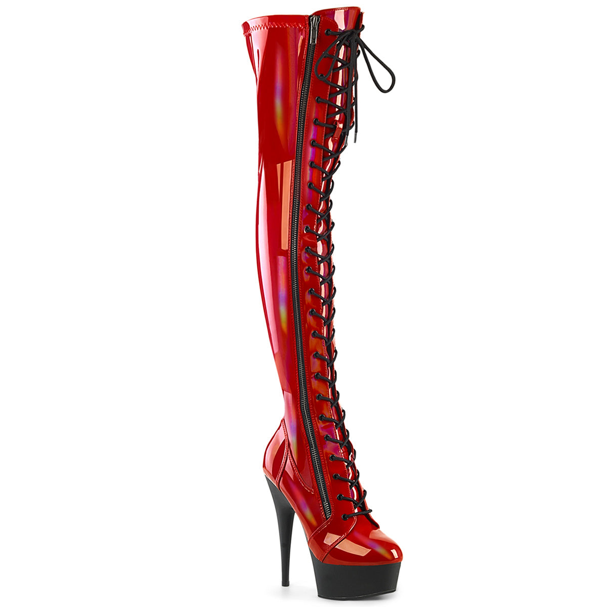 *6" Heel, 1 3/4" PF Stretch Lace-Up OTK Boot, Outer Zip (Pleaser DEL3029/BHG/B)