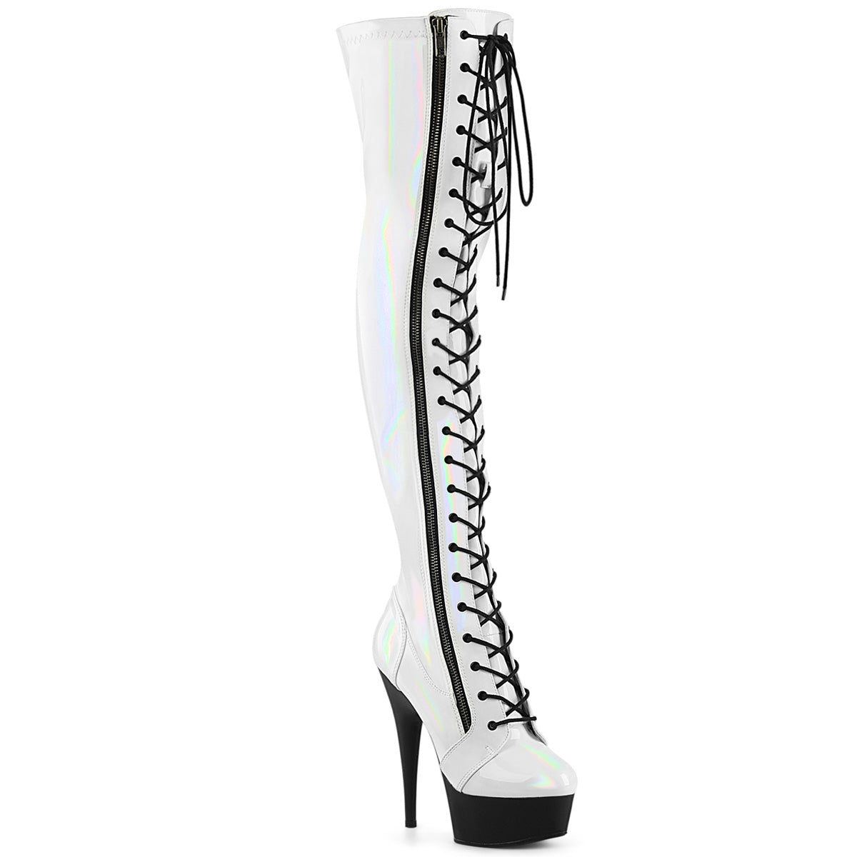 *6" Heel, 1 3/4" PF Stretch Lace-Up OTK Boot, Outer Zip (Pleaser DEL3029/BHG/B)