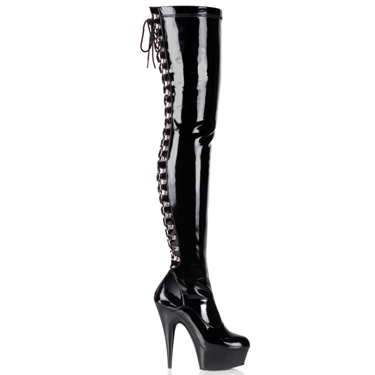 6" Heel, 1 3/4" PF Back Lace Thigh Boot, Side Zip (Pleaser DEL3063/B/M)