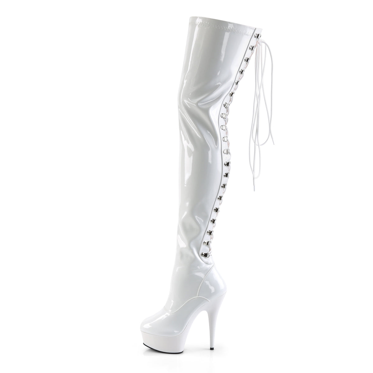 6" Heel, 1 3/4" PF Back Lace Thigh Boot, Side Zip (Pleaser DEL3063/B/M)