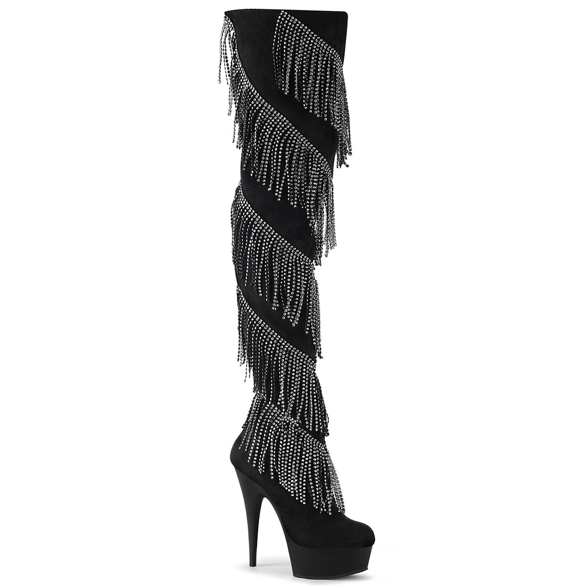 *6" Heel, 1 3/4" PF Thigh Boot w/RS Fringe, Inside Zip (Pleaser DEL3065/BFS-S/B)