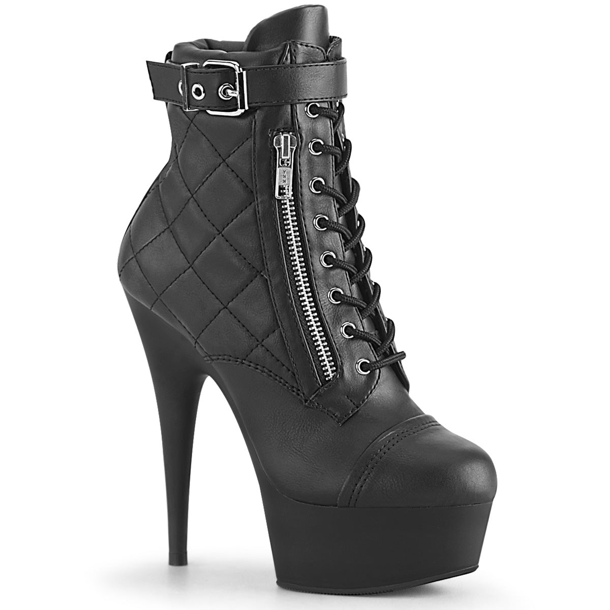 6" Heel, 1 3/4" PF Lace-Up Front Ankle Bootie, Side Zip (Pleaser DEL600-05/BPU/M)
