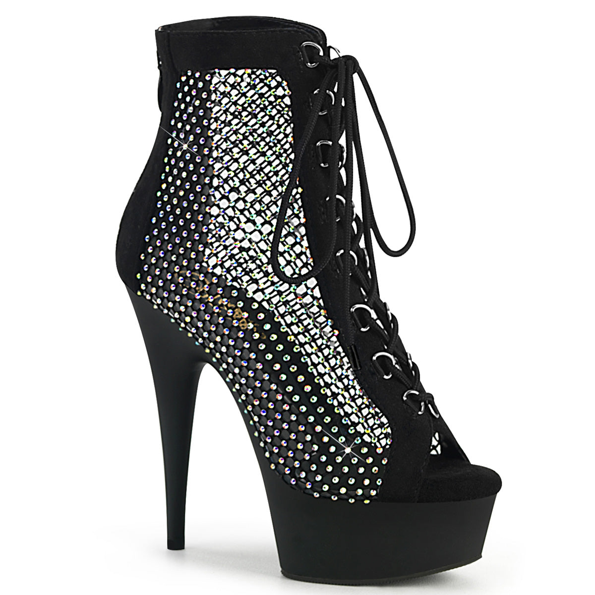 *6" Heel, 1 3/4" PF Lace-Up Peep Toe Ankle Boot, Back Zip (Pleaser DEL600-33RM/BFS-RS/M)