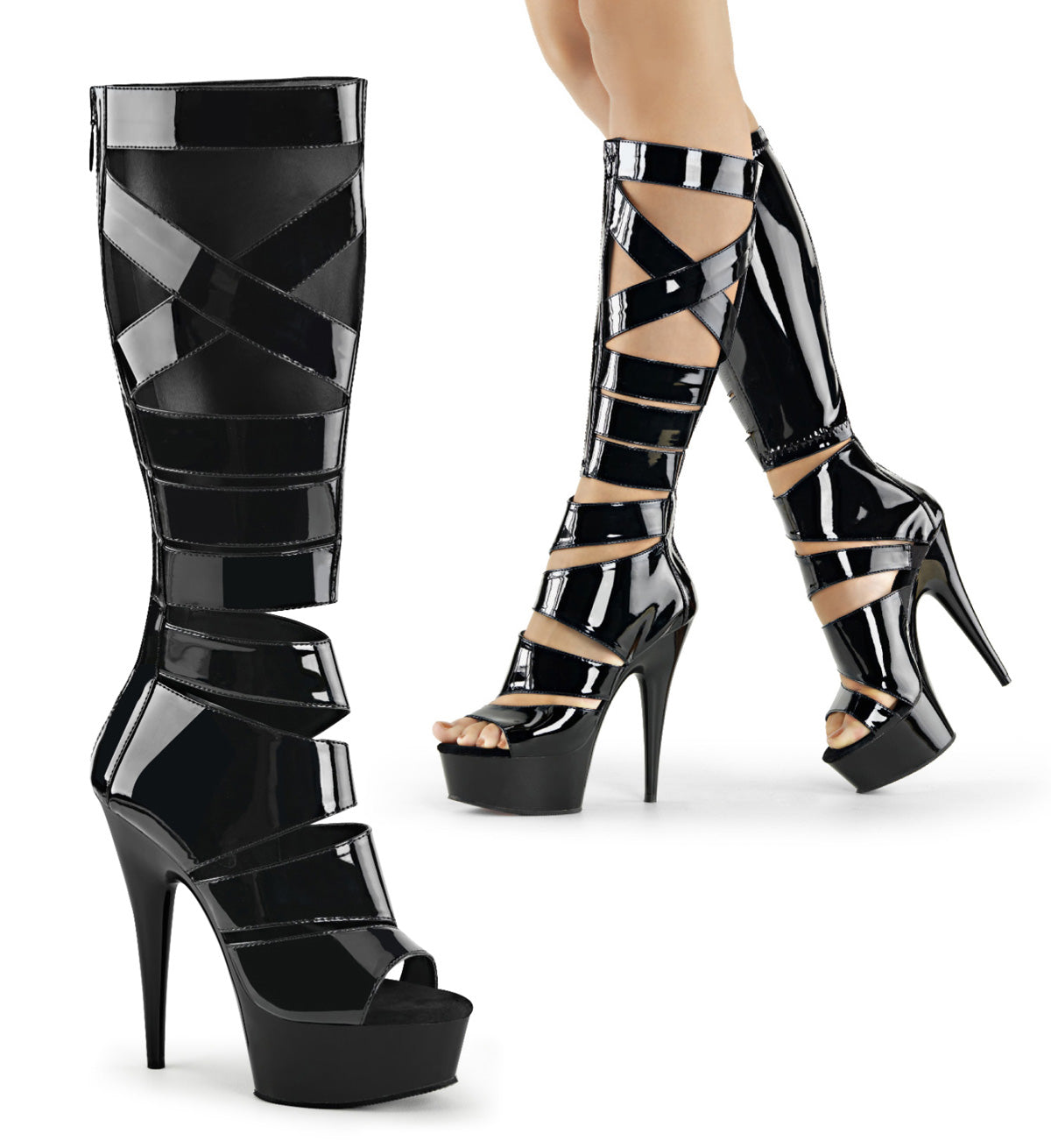 6" Heel, 1 3/4" PF Knee High Gladiator Boot, Back Zip (Pleaser DEL600-49/B/M)