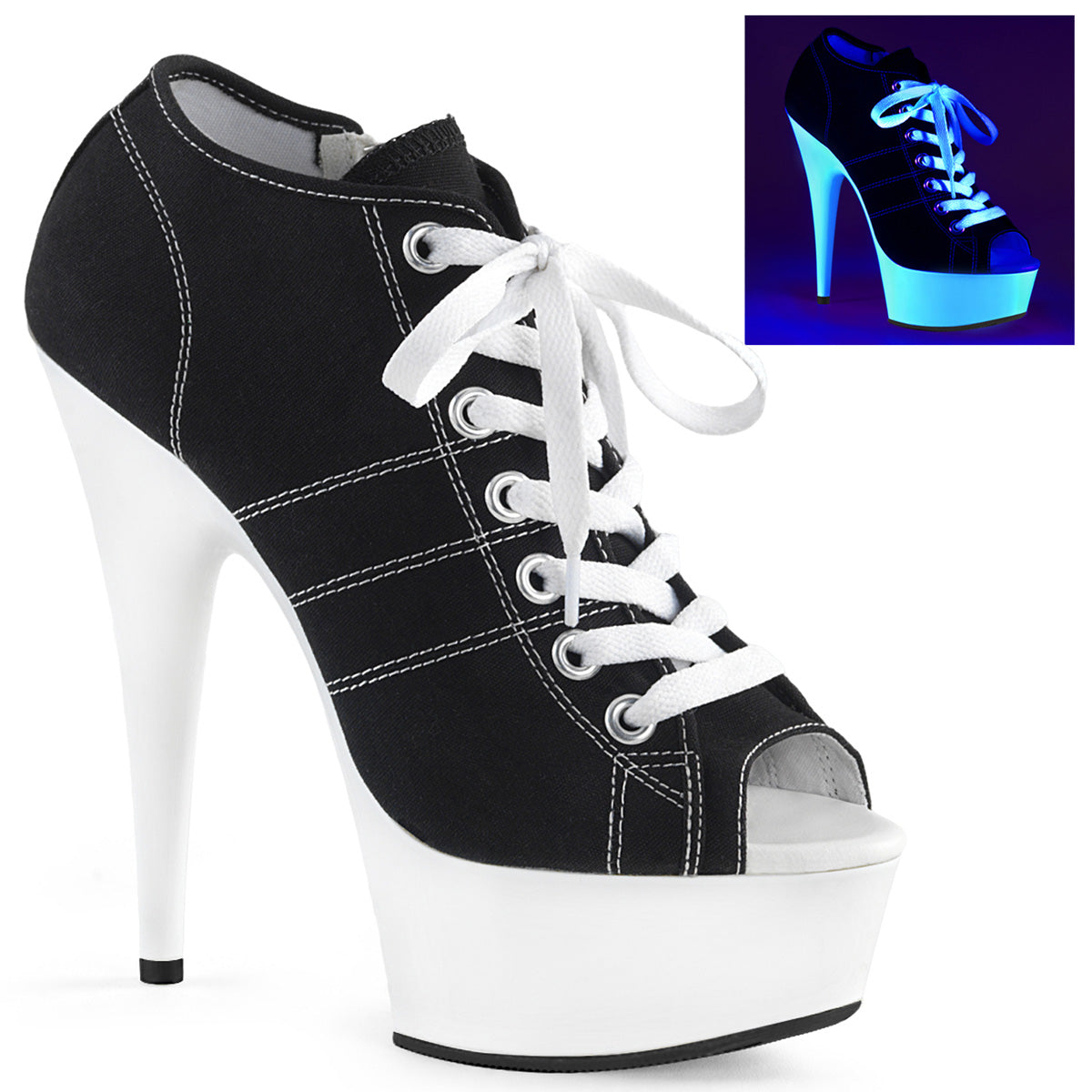 *6" Heel, 1 3/4" P/F Open Toe Sneaker, Side Zip (Pleaser DEL600SK-01/BCA/NW)