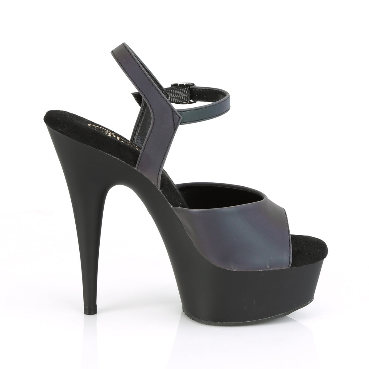 *6" Heel, 1 3/4" PF Ankle Strap Sandal w/Reflective Effect (Pleaser DEL609REFL/GNREFL/B)