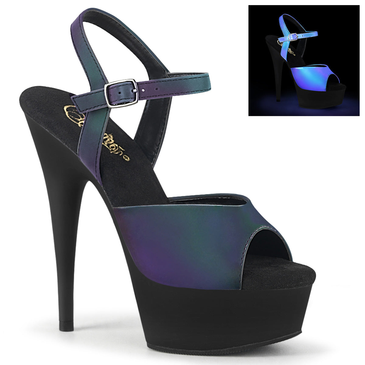 *6" Heel, 1 3/4" PF Ankle Strap Sandal w/Reflective Effect (Pleaser DEL609REFL/GNREFL/B)