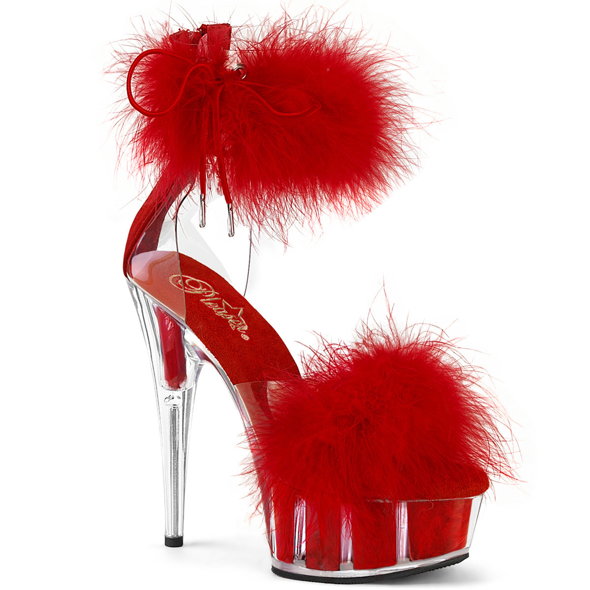 6" Heel, 1 3/4" PF Marabou Fur Ankle Cuff Sandal, Back Zip (Pleaser DEL624F/C-BFUR/M)