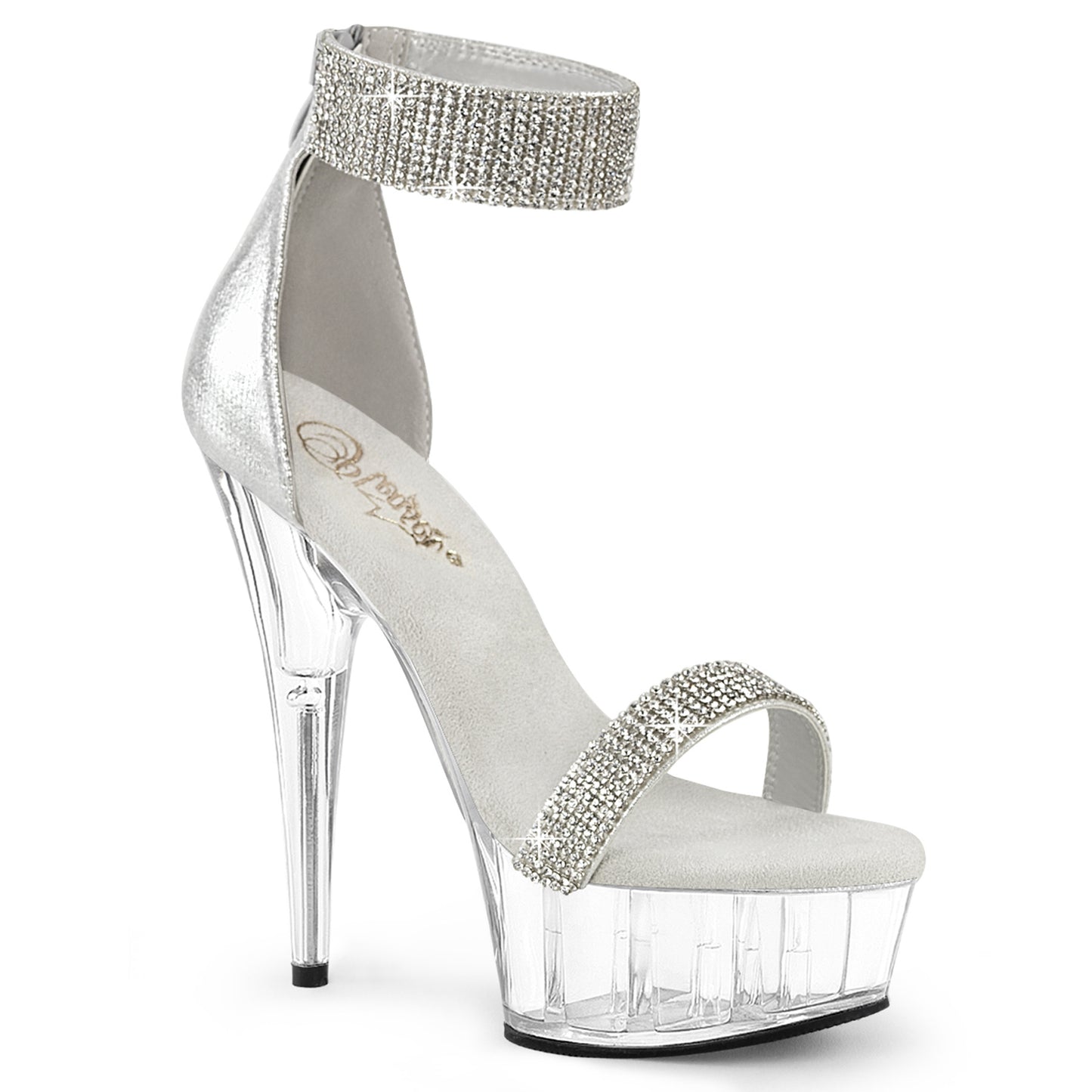 6" Heel, 1 3/4" PF Rhinestoned Close Back Sandal, Back Zip (Pleaser DEL641/BFA/C)
