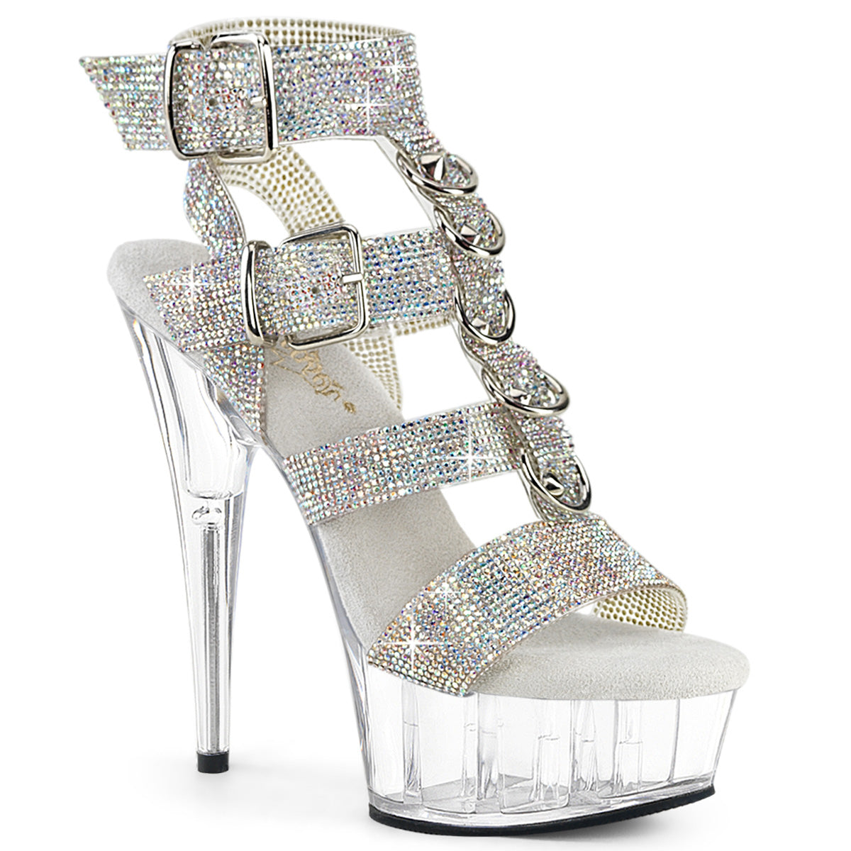 6" Heel, 1 3/4" PF Rhinestoned Dual Buckle T-Strap Sandal (Pleaser DEL656RS/SRS-TPU/C)