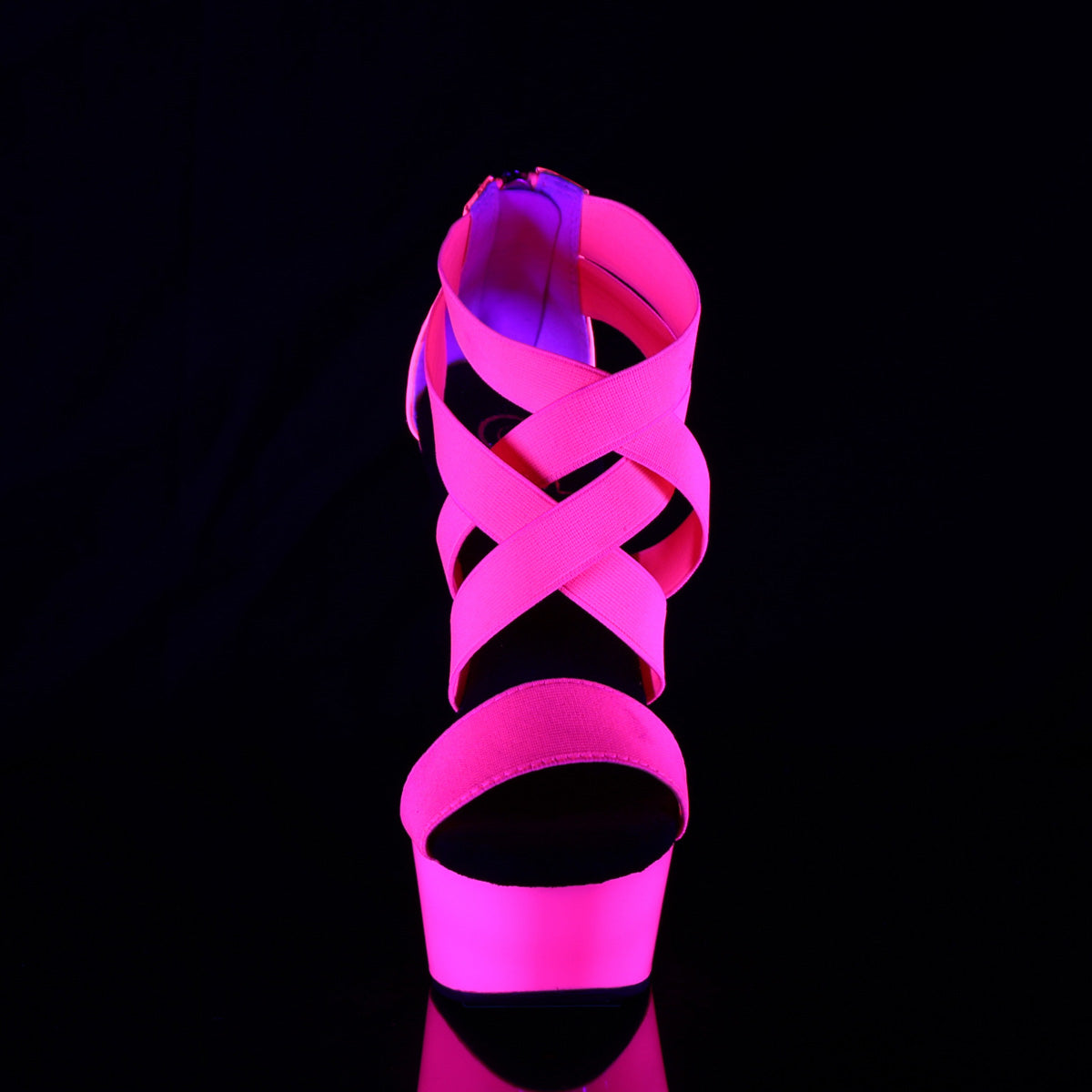 6" Heel, 1 3/4" PF UV Reactive Criss Cross Sandal, Back Zip (Pleaser DEL669UV/NHPELS-PT/M)