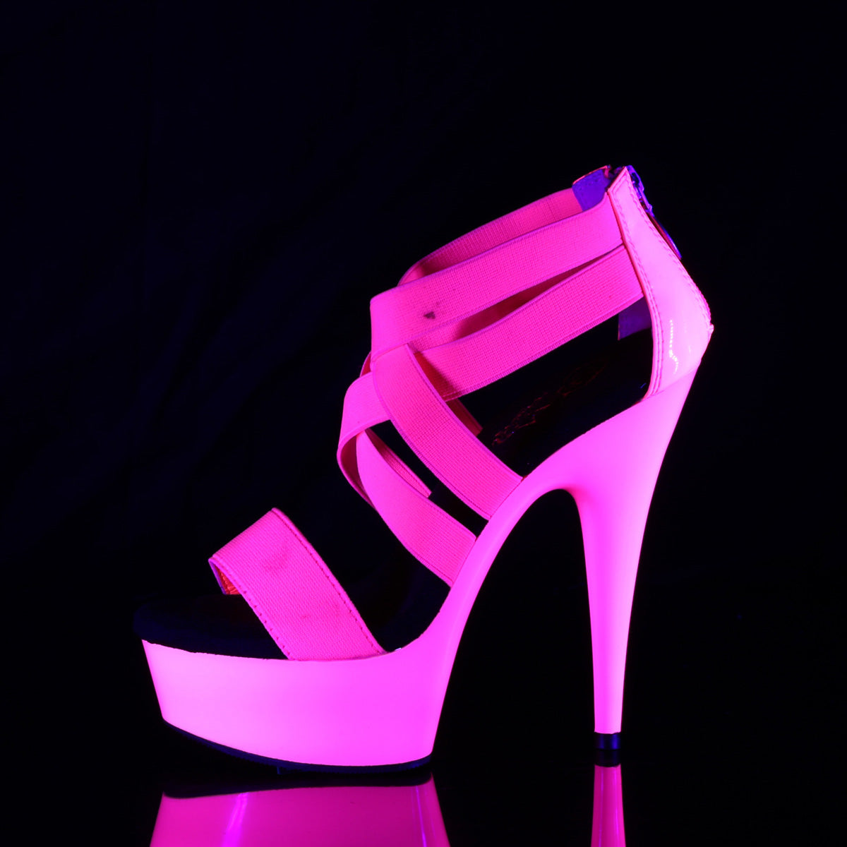 6" Heel, 1 3/4" PF UV Reactive Criss Cross Sandal, Back Zip (Pleaser DEL669UV/NHPELS-PT/M)