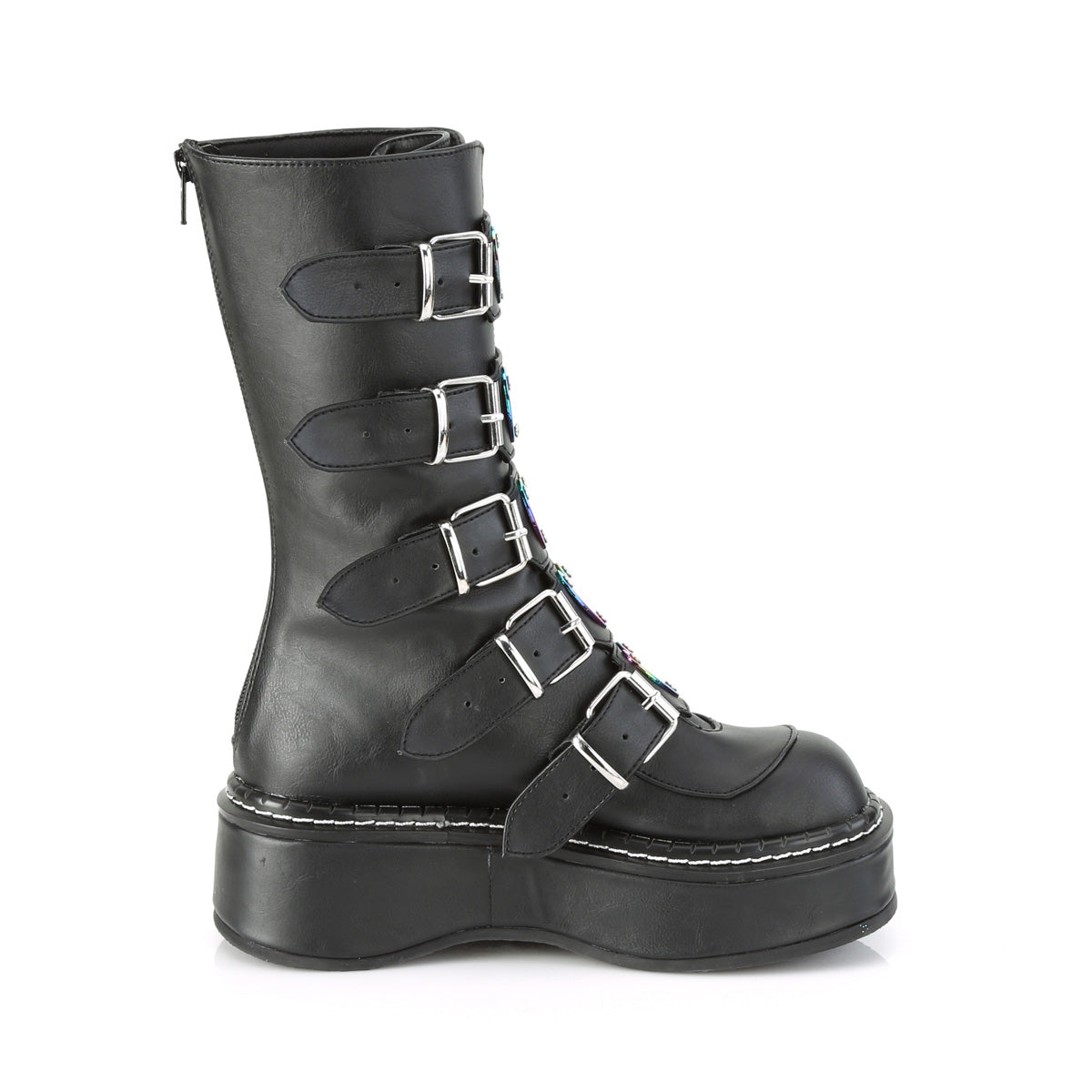 2" Platform Calf High w/ 5 Buckle Straps, Back Metal Zip (Demonia EMI330/BVL)